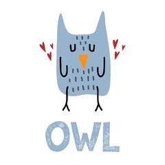 Childrens hand-drawn illustration of an owl with hearts. Cute owl. Lettering. Illustration for prints, cards, posters.