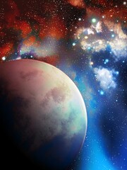 Fototapeta premium Earth-like exoplanet in deep space. Stellar nebula in blue and red tones. Cosmic landscape with an alien planet, nebula and constellations 3d rendering.