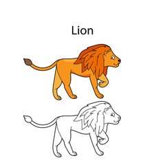 Funny cute animal lion isolated on white background. Linear, contour, black and white and colored version. Illustration can be used for coloring book and pictures for children