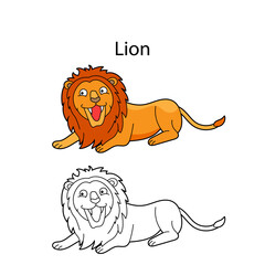 Funny cute animal lion isolated on white background. Linear, contour, black and white and colored version. Illustration can be used for coloring book and pictures for children