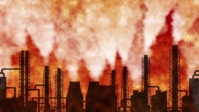 化石燃料発電所イメージしたイラスト動画。環境破壊、地球温暖化