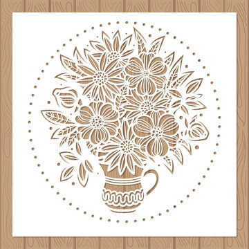Laser cutting template. A bouquet of flowers in a vase. Vector