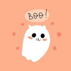 Boo. Cartoon ghost, hand drawing lettering, decor elements. Colorful vector illustration, flat style. design for cards, print, poster