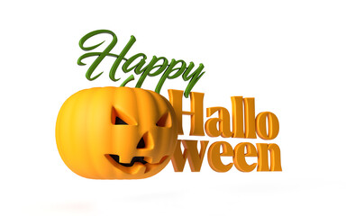 Naklejka premium Happy Halloween greetings 3d letter with cute horror pumpkin with green and orange colours