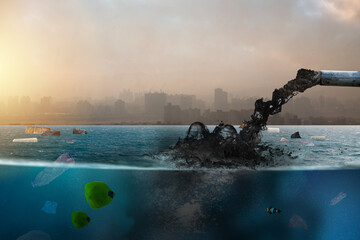 Sewage flowing from pipe to ocean with garbage and plastic. Sea and Ocean polluted by sewage from...