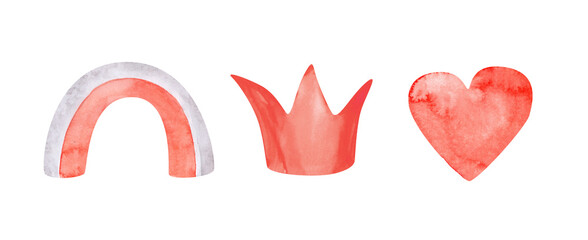 Set of rainbow, heart, and crown isolated on a white background. Red and gray watercolor clipart. Hand-drawn doodle illustration. Cute abstract rainbow print. Nursery decoration.