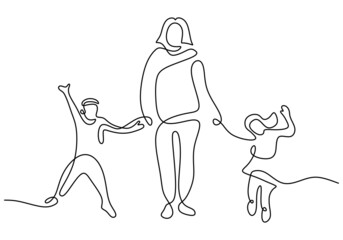 Happy mom with her two children in continuous line art drawing style. Young mother holding her children and walking together isolated on white background. Family concept. Vector illustration