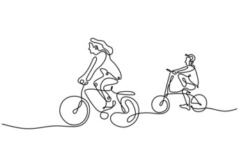 One continuous line drawing of mother riding bicycle with her child at countryside together. Character of a woman with her son riding a bicycle. Parenting concept. Vector illustration