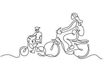 One continuous line drawing of mother riding bicycle with her child at countryside together. Character of a woman with her son riding a bicycle. Parenting concept. Vector illustration