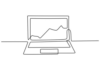 Graph growth indicators on laptop screen in one continuous line hand drawn art minimalism style. The concept is the growth of stock finance isolated on white background. Vector illustration
