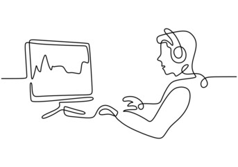 continuous line drawing of man sitting with laptop computer. Young adult man trading on line with laptop connected to stock market. Character male finance, investments. Vector illustration