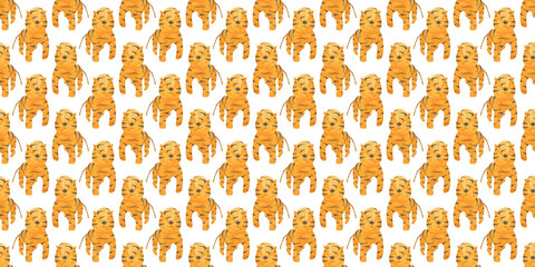 Watercolor tiger seamless pattern on a white background. A hand-drawn cub of a tiger endless print. African animal wallpaper. Cute safari animal illustration. Happy walking tiger print.