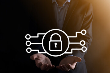 Cyber security network. Padlock icon and internet technology networking. Businessman protecting data personal information on tablet and virtual interface. Data protection privacy concept. GDPR. EU