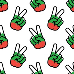 Fototapeta premium Bulgaria flag in the form of a peace sign. Seamless background. Gesture V victory sign, patriotic sign, icon for apps, websites, T-shirts, souvenirs, etc., isolated on white background