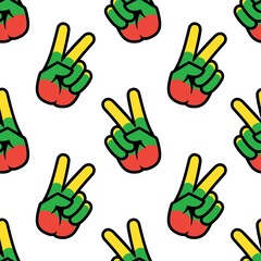 Fototapeta premium Lithuania flag in the form of a peace sign. Seamless background. Gesture V victory sign, patriotic sign, icon for apps, websites, T-shirts, souvenirs, etc., isolated on white background