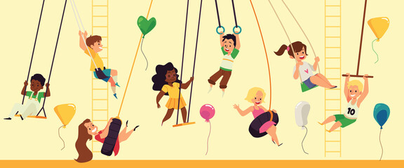 Obraz premium Banner with children on playground rocking on swings, flat vector illustration.