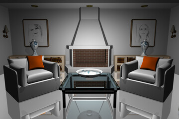 Casa. Interno salotto con caminetto, poltrone, sofà, quadri..