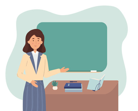 Young female teacher on lesson at blackboard in classroom. Teacher teacher showing on board. Vector illustration, flat