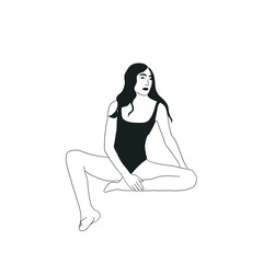 Obraz na płótnie Canvas Sexy woman in black underwear or swimsuit hand drawn in graphic style. Isolated female figure. Vector design for logo. Yoga, beauty salon, fitness