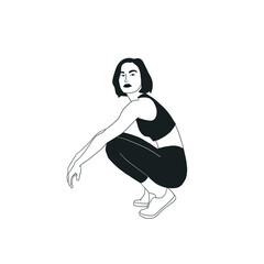 Woman trendy flat design. Girl dressed in sportswear - top, leggings and sneakers. Hipster style. Black and white female character. Hand drawn art. 