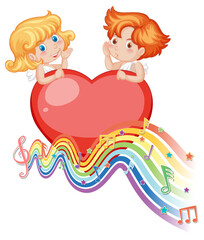 Cupid couple on big heart with melody symbols on rainbow wave