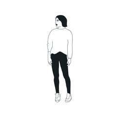 Graphic flat girl character isolated. Fashion girl. Black and white simple icon of  figure woman in clothes. Hand drawn vector. 