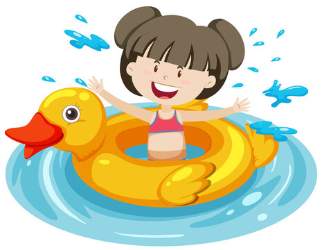 Cute girl with duck swimming ring in the water isolated