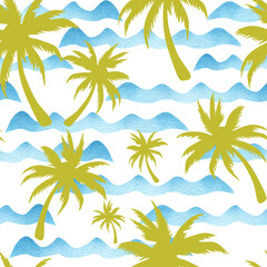 Fototapeta na wymiar Gold coconut palm trees and sea waves seamless pattern. Tropical beach summer print. 