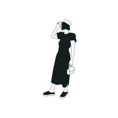 Graphic flat girl character isolated. Fashion girl. Black and white simple icon of  figure woman in clothes. Hand drawn vector. 