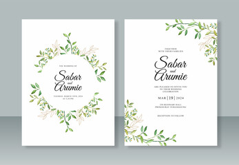 Fototapeta na wymiar Elegant wedding invitation template with foliage watercolor painting