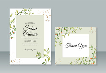 Wedding invitation template with foliage watercolor painting