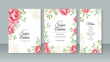 Wedding card invitation set template with floral watercolor painting