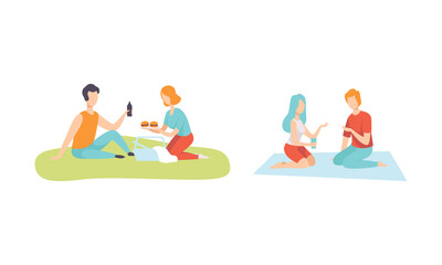 Romantic Couple Enjoying Picnic in Nature Sitting on Blanket and Eating Vector Set