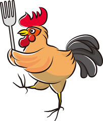 フォークを持って歩く鶏のイラスト