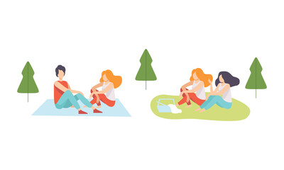 People Character Enjoying Picnic in Nature Sitting on Blanket and Grass Talking Vector Set
