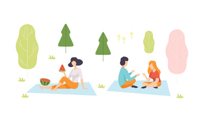 People Character Enjoying Picnic in Nature Sitting on Blanket Talking and Eating Watermelon Vector Set