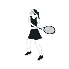 Woman playing tennis. Girl in sports uniform with tennis racket. Hand drawn flat female character isolated on white background. 