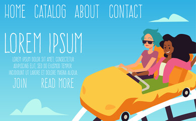 Website with women ride roller-coaster attraction, flat vector illustration.