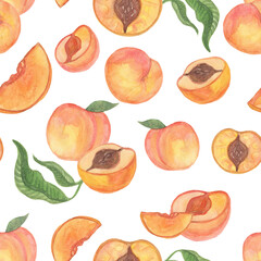 seamless pattern juicy peaches with leaves, slices and halves on a white background