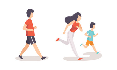 People Running and Jogging Doing Sport and Physical Exercise Training Body and Muscle Vector Set