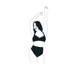 Sexy woman in black underwear or swimsuit hand drawn in graphic style. Isolated female figure. Vector design for logo. Yoga, beauty salon, fitness