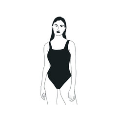 Sexy woman in black underwear or swimsuit hand drawn in graphic style. Isolated female figure. Vector design for logo. Yoga, beauty salon, fitness