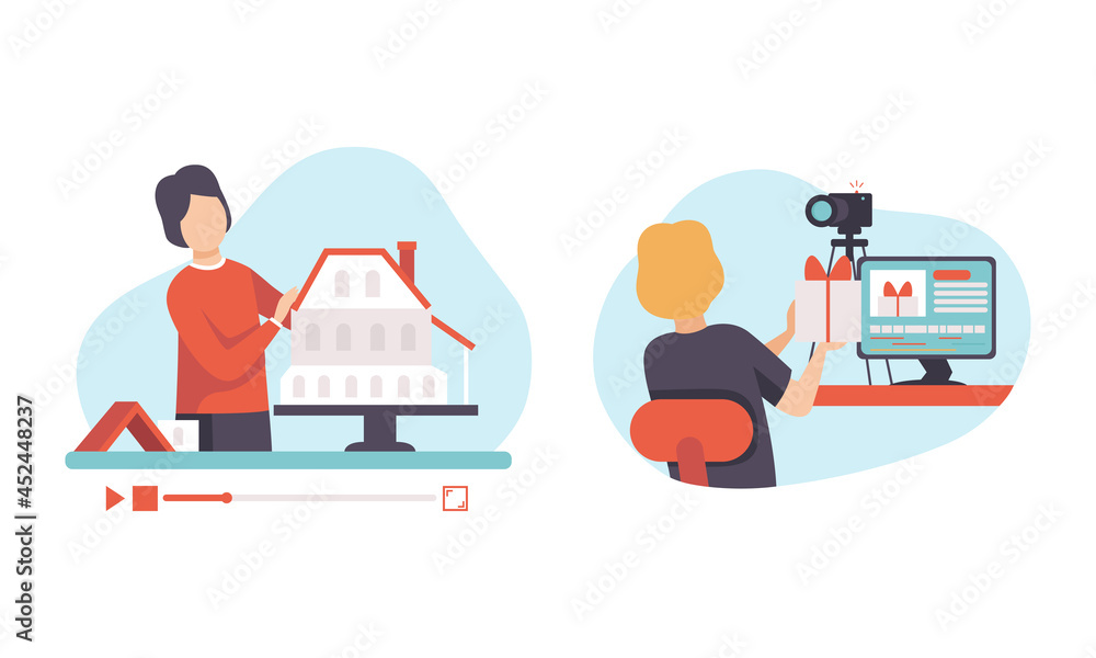 Poster man blogger or vlogger making photo and video content for web channel vector set