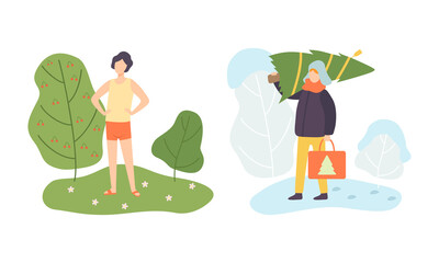 Season Scene with Man Character Sunbathing Sunny Summer and Carrying Fir Tree in Winter Vector Set