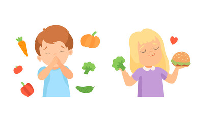 Little Girl Holding Hamburger and Boy Covering His Mouth with Dislike and Disgust Towards Vegetable Vector Set