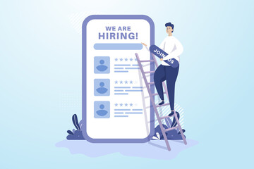 A man puts up join us board for hiring or recruitment illustration concept