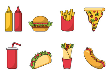 Set of a cartoon fast food isolated on a beige background. Hamburger, tacos, pizza, hot-dog, French fries, soda, soys, meat roll. Vector illustration in flat style. Vector illustration