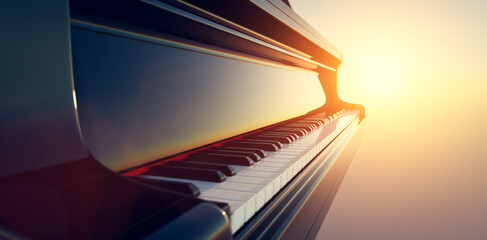 Grand piano keyboard on sunset sky