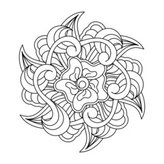 Coloring book for adults, Mandala with leaves, flowers and doodle elements.