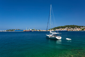 yacht  moored in harbour of Losinj town, Croatia.